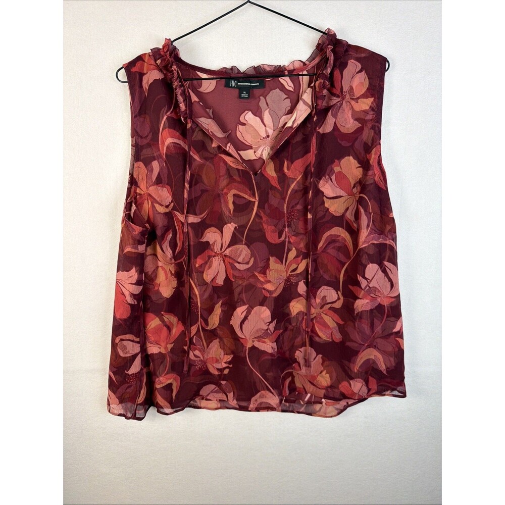INC International Concepts Womens XL Red Sheer Floral Peasant Blouse V-Neck Top